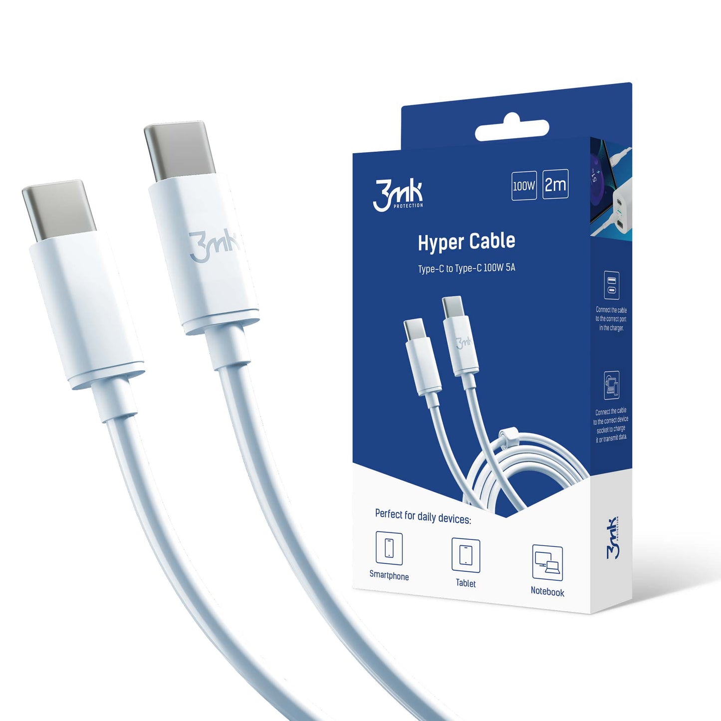 Câble de données et de charge USB-C - USB-C 3MK Hyper, 100W, 2m, Blanc