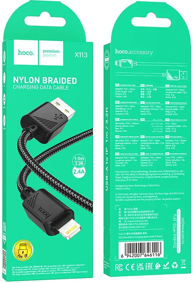 Câble de Données et de Charge USB-A - Lightning HOCO X113, 18W, 1m, Noir