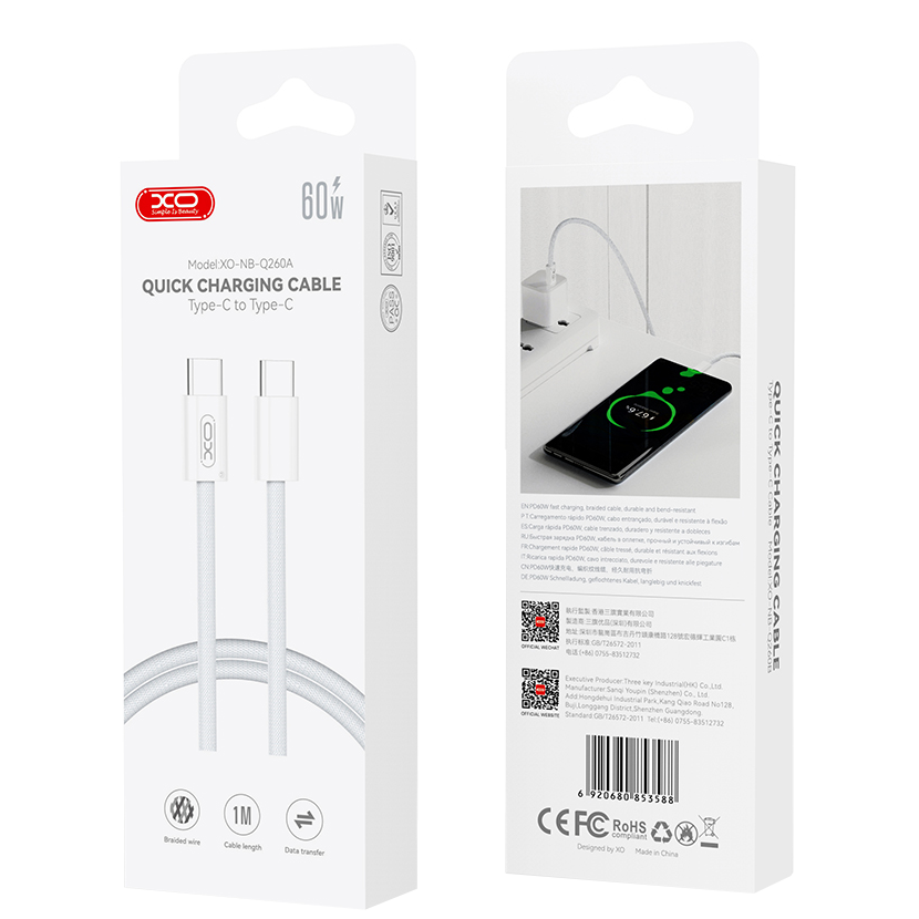 Câble de Données et de Charge USB-C - USB-C XO Design NB-Q260A, 60W, 1m, Blanc
