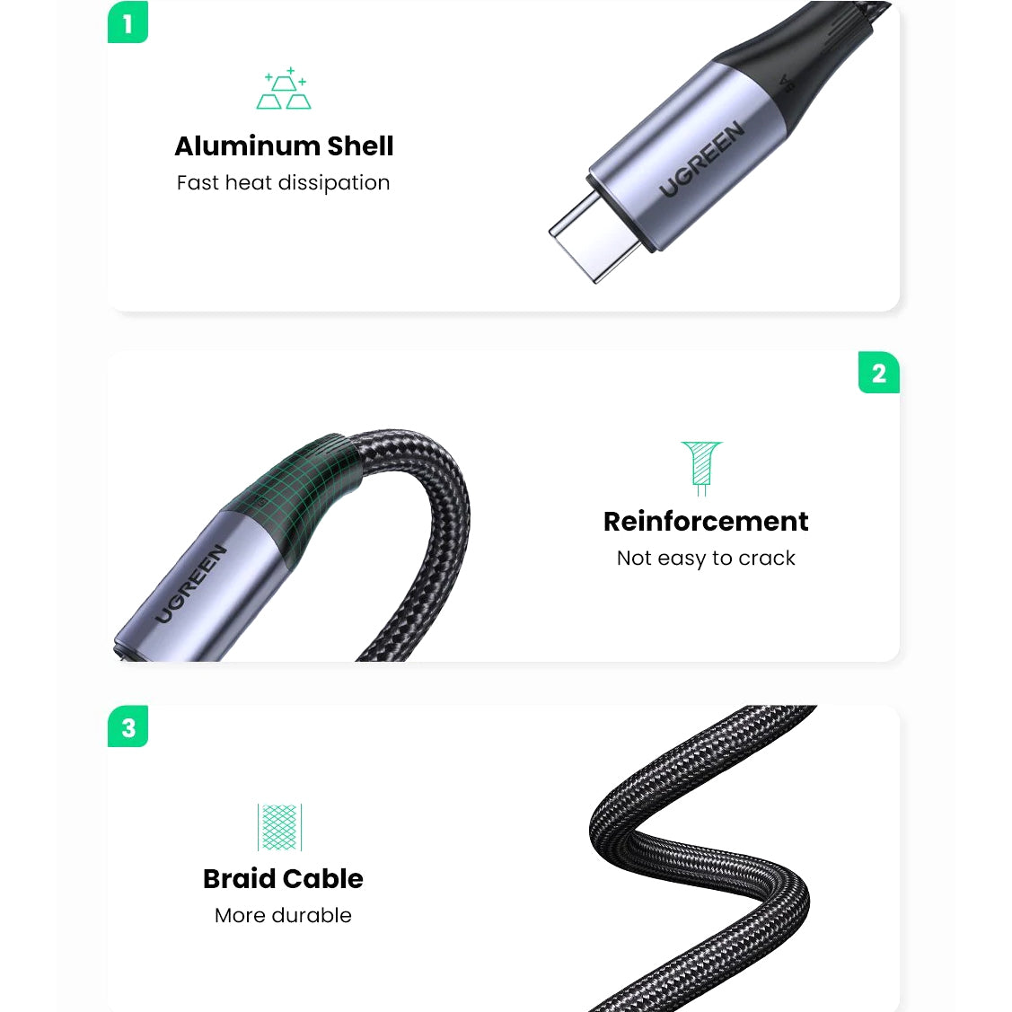 Câble de données et de charge USB-C - USB-C UGREEN US355, 100W, 1m, Noir