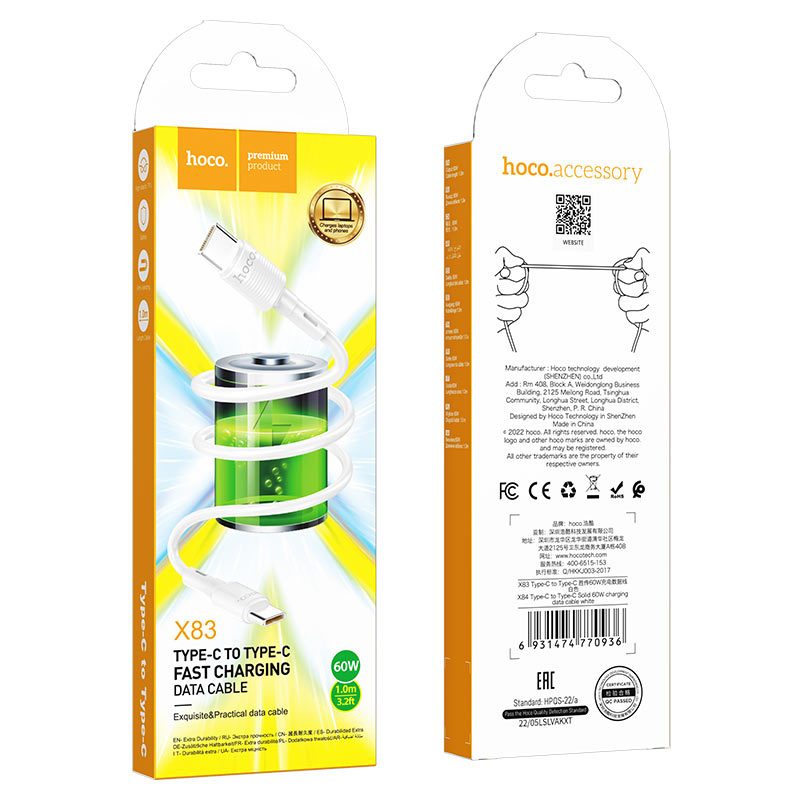 Câble de Données et de Charge USB-C - USB-C HOCO X83 Victory, 60W, 1m, Blanc