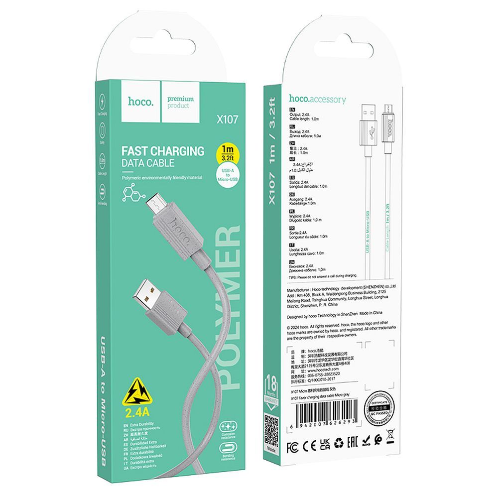 Câble de Données et de Charge USB-A - microUSB HOCO X107, 18W, 1m, Gris