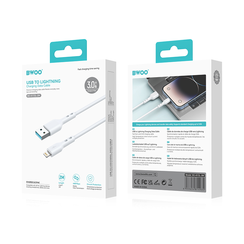 Câble de données et de charge USB-A - Lightning BWOO BO-X172L-2M, 15W, 2m, Blanc