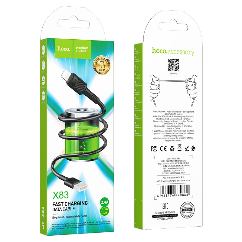 Câble de Données et de Charge USB-A - Lightning HOCO X83 Victory, 18W, 1m, Noir