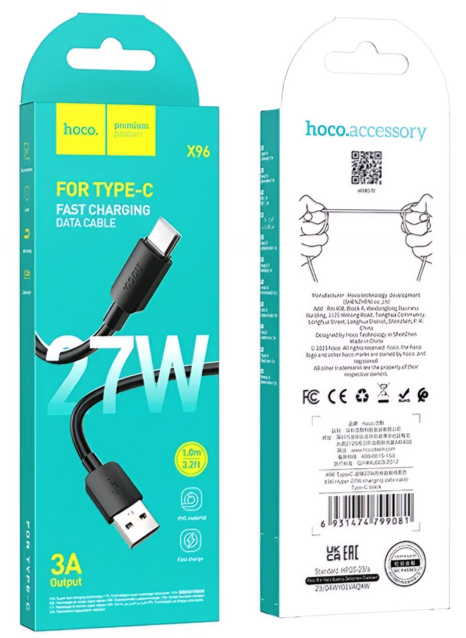 Câble de données et de charge USB-A - USB-C HOCO X96, 27W, 1m, Noir