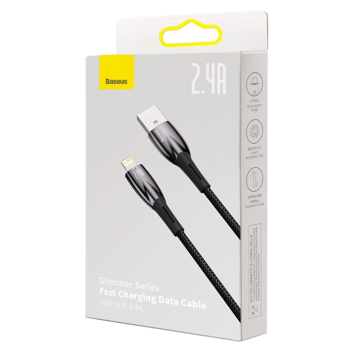 Baseus Glimmer Series USB-A - Lightning Data and Charging Cable, 20W, 2m, noir