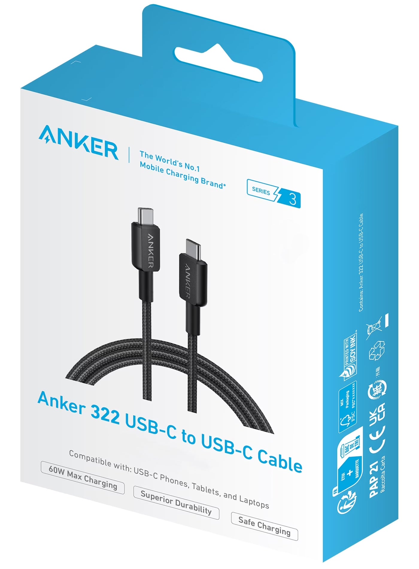 Câble de Données et de Charge USB-C - USB-C Anker 322, 60W, 0.9m, Noir A81F5G11