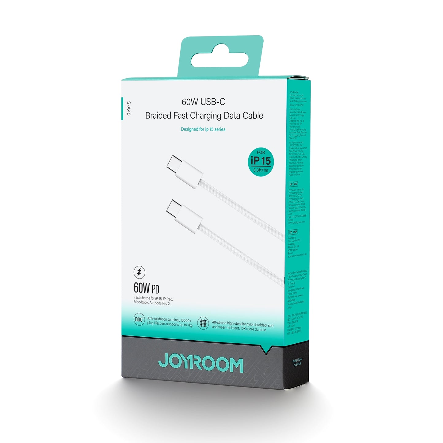 Câble de données et de charge USB-C - USB-C Joyroom S-A45, 60W, 1m, blanc
