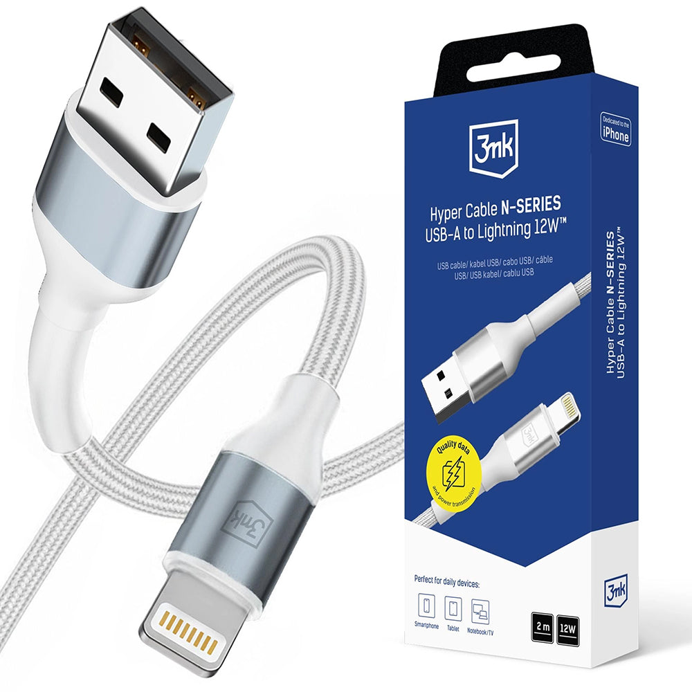 Câble de Données et de Charge USB-A - Lightning 3MK Hyper N, 12W, 2m, Blanc