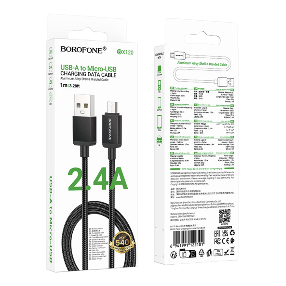 Câble de Données et de Charge USB-A - microUSB Borofone BX120 Placer, 18W, 1m, Noir