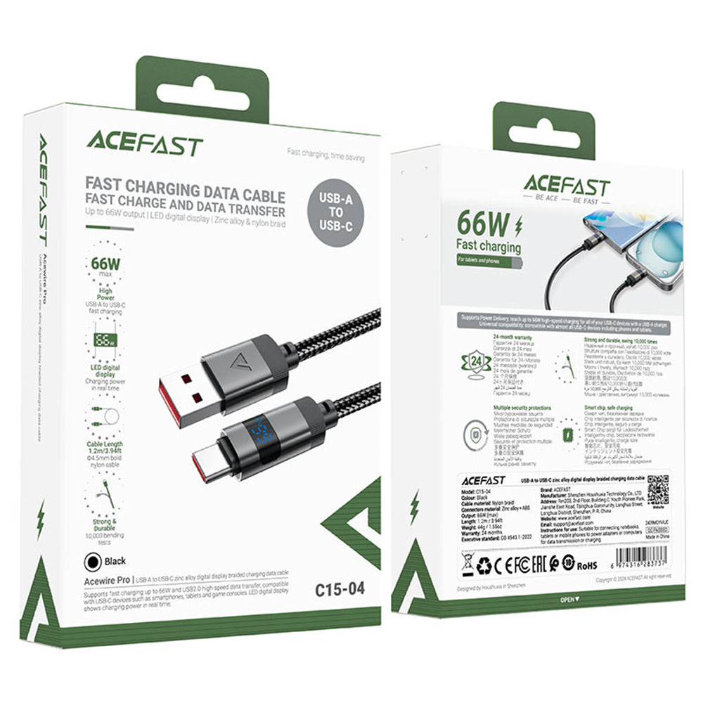 Câble de Données et de Charge USB-A - USB-C Acefast C15-04 Display, 66W, 1.2m, Noir