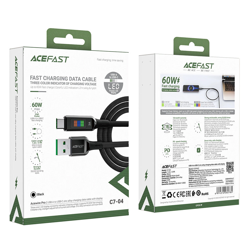 Câble de Données et de Charge USB-A - USB-C Acefast C7-04, 18W, 1.2m, Noir