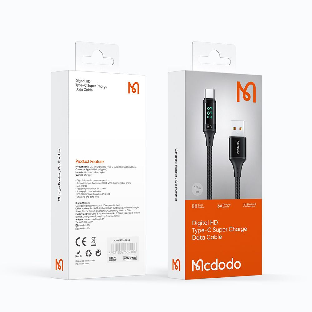 Câble de Données et de Charge USB-A - USB-C McDodo CA-1080 Display, 66W, 1.2m, Noir