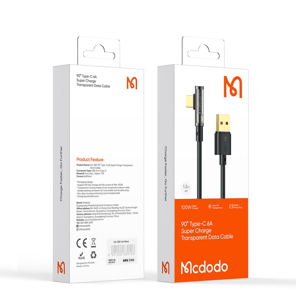 Câble de Données et de Charge USB-A - USB-C McDodo CA-3380 Angled, 100W, 1.2m, Noir