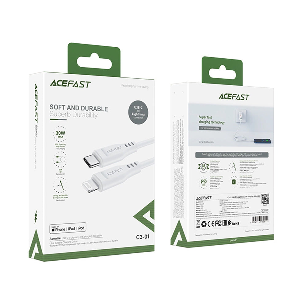 Câble de Données et de Charge USB-C - Lightning Acefast C3-01, 30W, 1.2m, Blanc