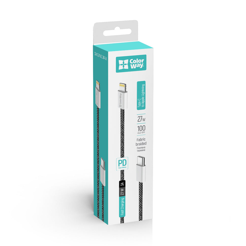 Câble de Données et de Charge USB-C - Lightning ColorWay CW-CBPDCL061, 27W, 1m, Noir