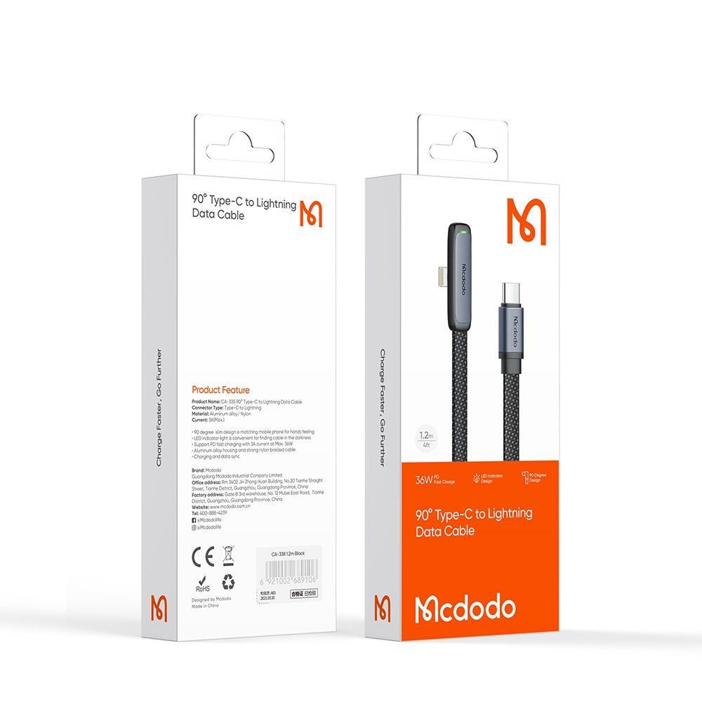 Câble de Données et de Charge USB-C - Lightning McDodo CA-3350 Angled, 36W, 1.2m, Noir