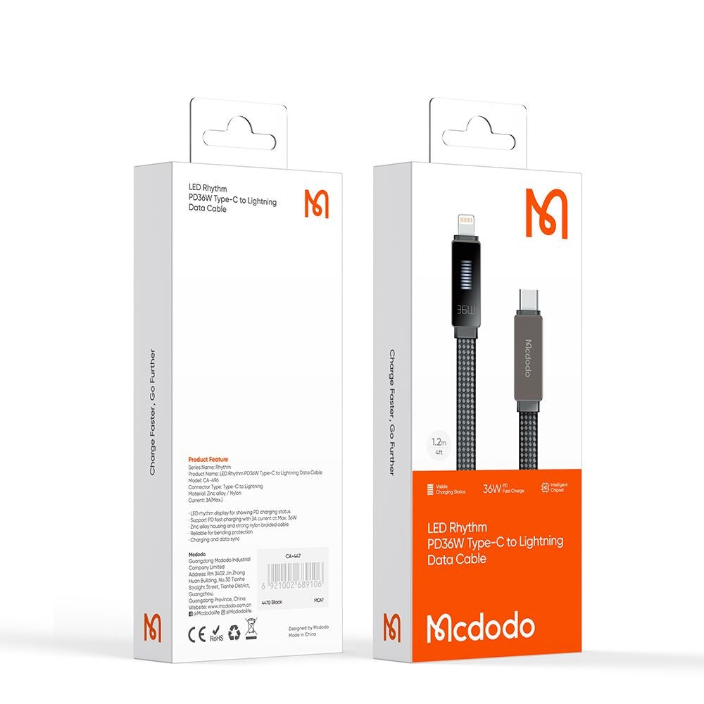 USB-C to Lightning McDodo CA-4960 Rythm Display Data and Charging Cable, 36W, 1.2m, Black