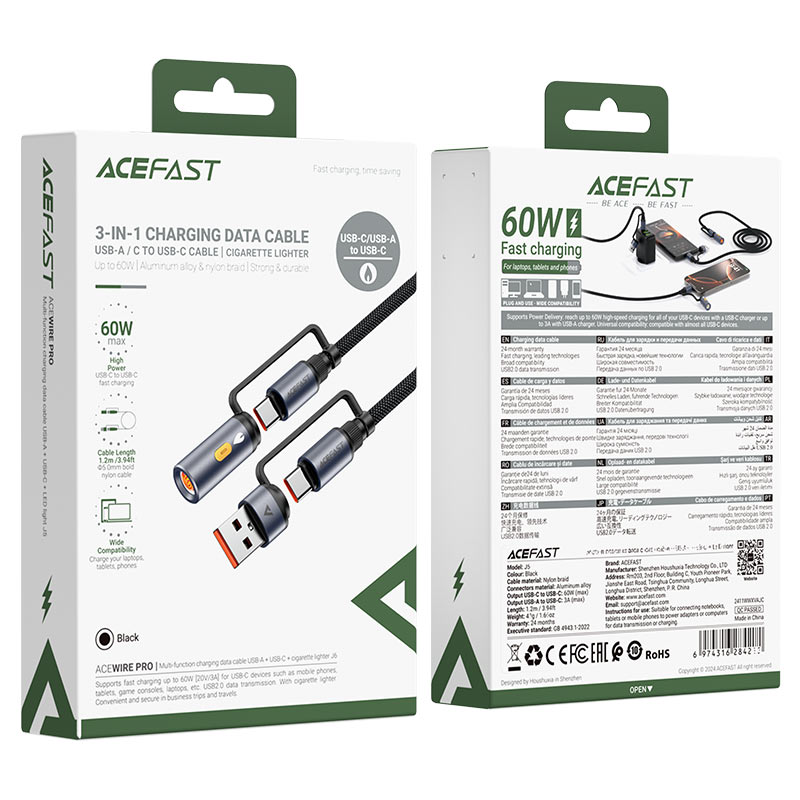 USB-C / USB-A Data and Charging Cable - USB-C / Acefast J6 Electric Lighter, 60W, 1.2m, Black