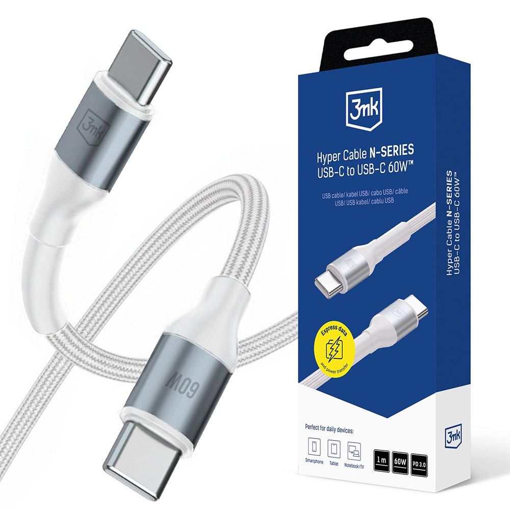 Câble de Données et de Charge USB-C - USB-C 3MK Hyper N, 60W, 1m, Blanc