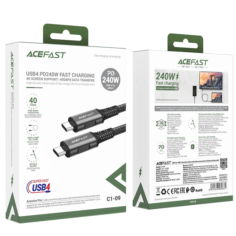 USB-C Data and Charging Cable - USB-C Acefast C1-09, 240W, 1m, Gray