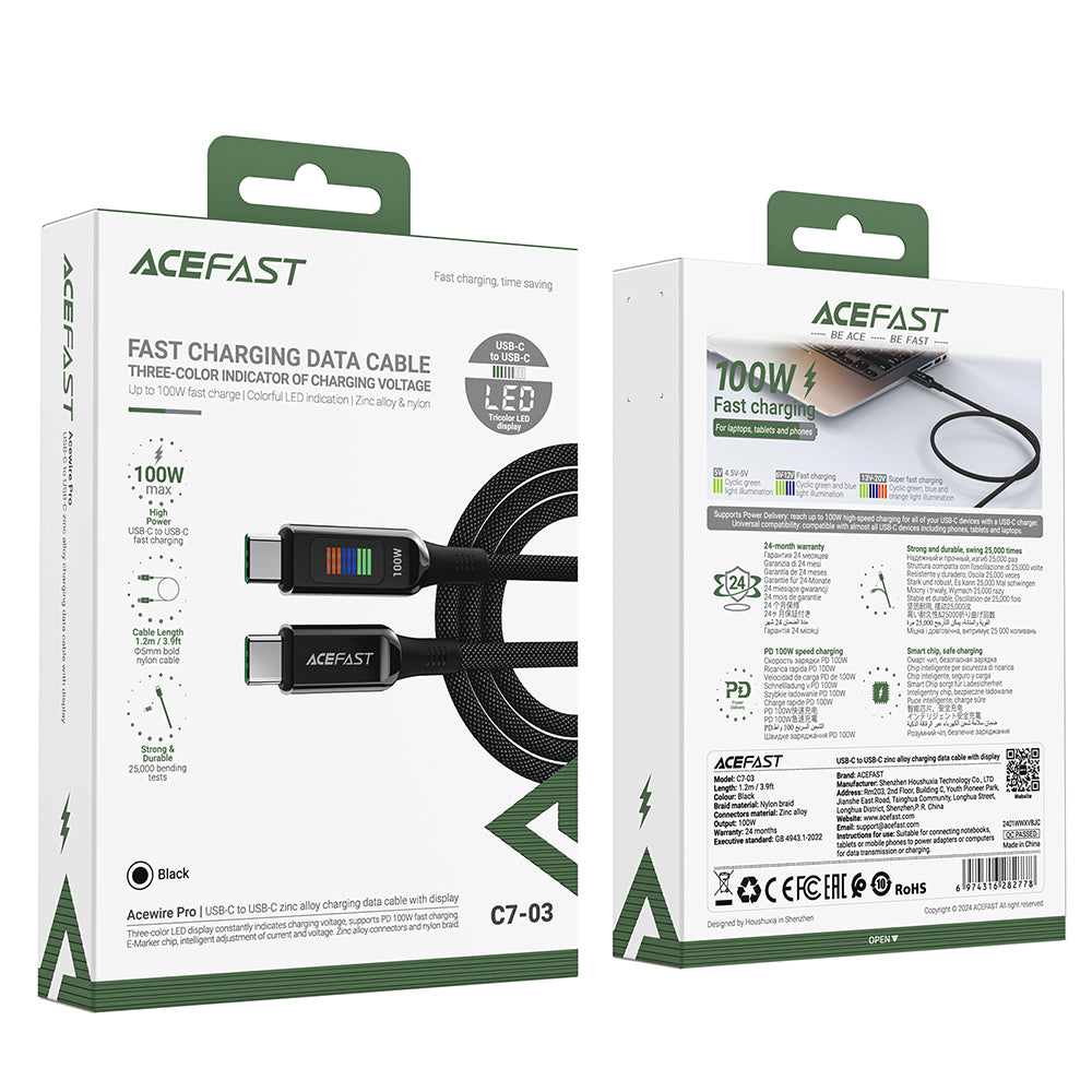 Câble de Données et de Charge USB-C - USB-C Acefast C7-03, 100W, 1.2m, Noir