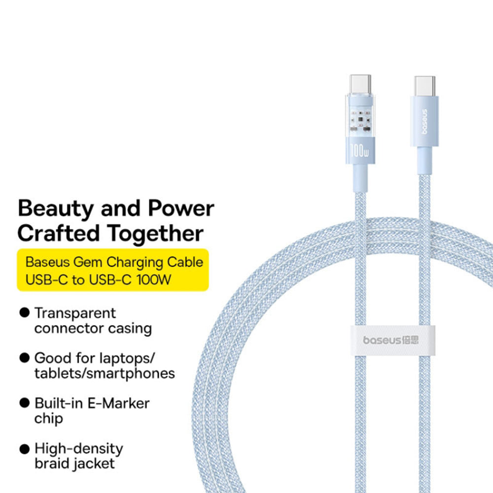 Câble de Données et de Charge USB-C - USB-C Baseus Gem, 100W, 1m, Bleu P10373000311-00