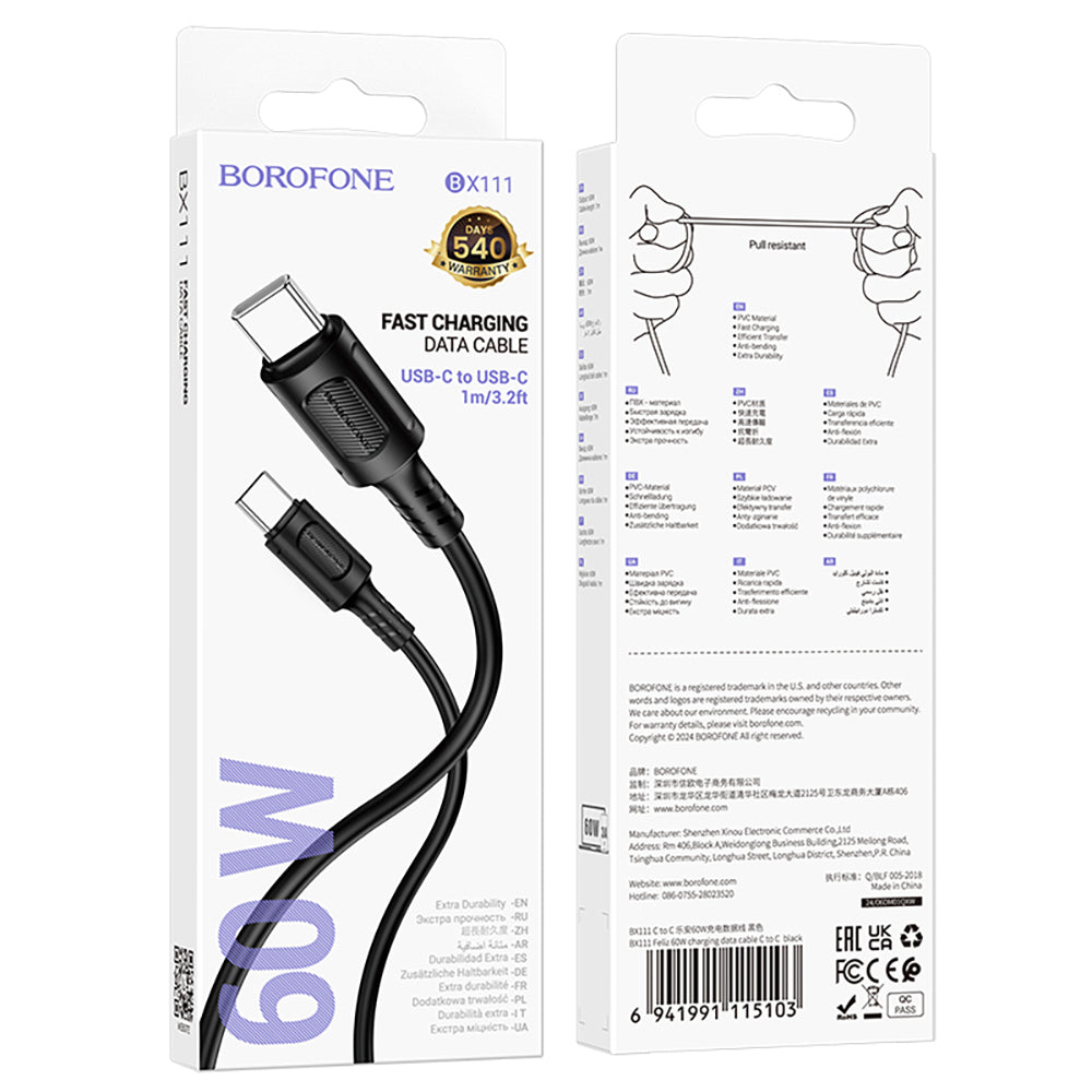 Câble de Données et de Charge USB-C - USB-C Borofone BX111 Feliz, 60W, 1m, Noir