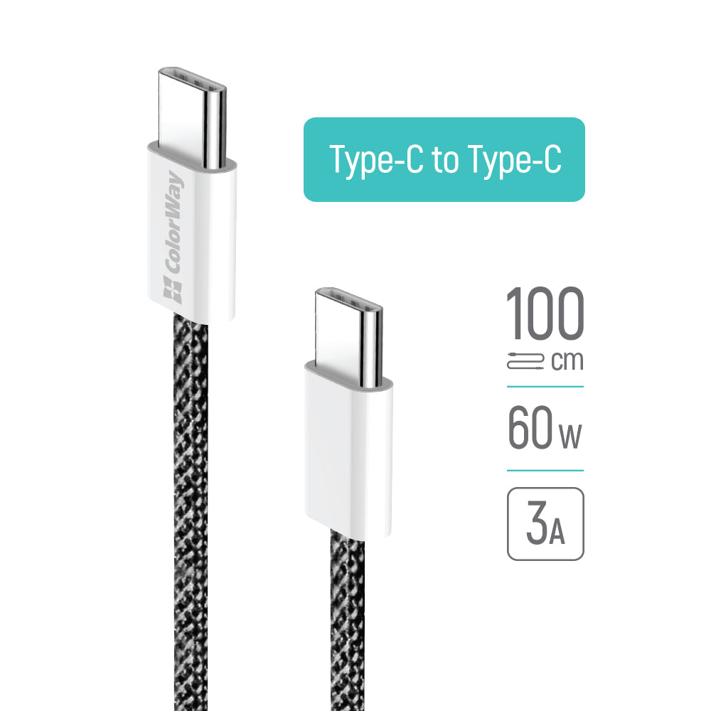 Câble de Données et de Charge USB-C - USB-C ColorWay CW-CBPDCC061, 60W, 1m, Noir