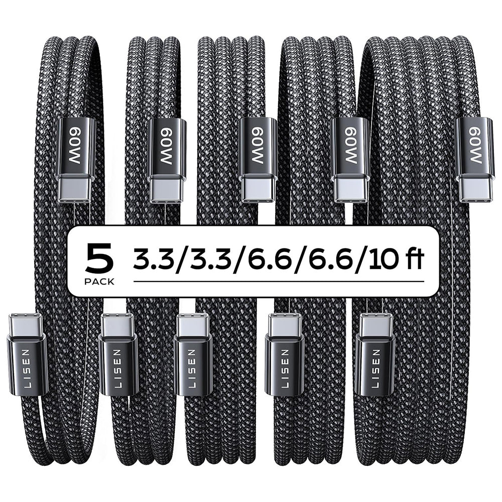 USB-C Data and Charging Cable - USB-C Lisen, 60W, Set of 5 pieces (2 x 1m, 2 x 2m, 1 x 3m), Black YL0123070010
