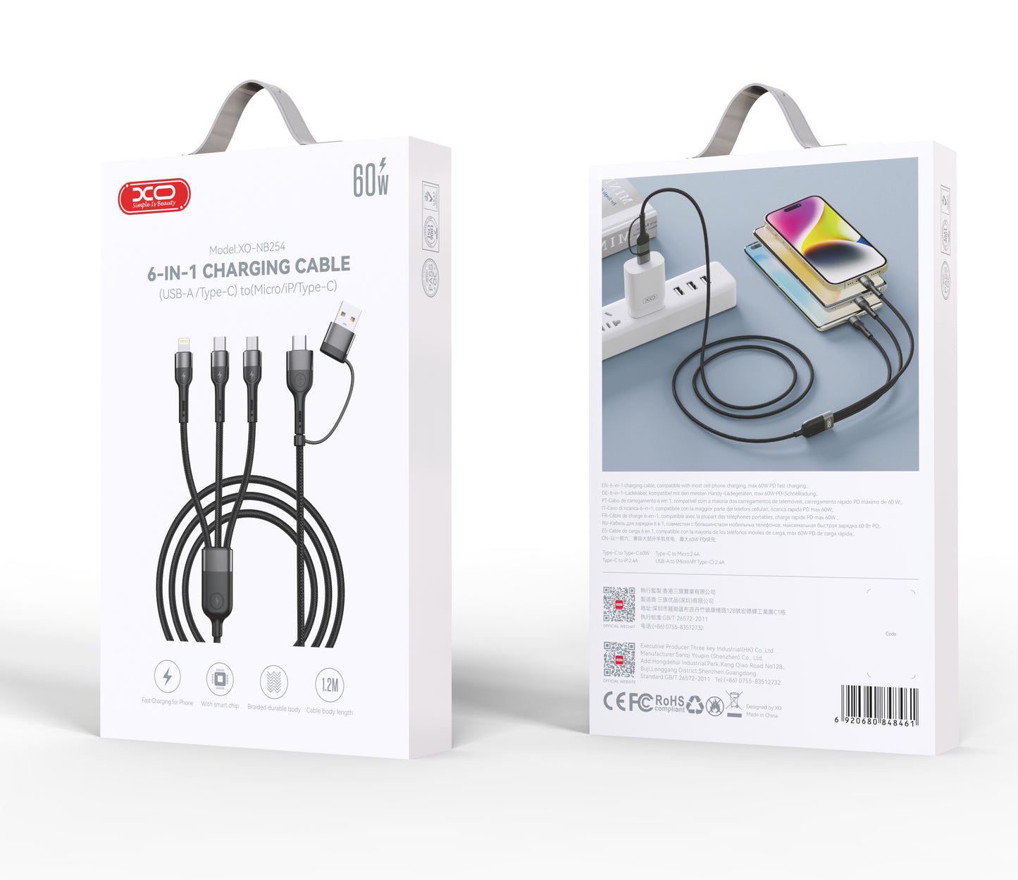 Câble de charge USB-A / USB-C - Lightning / microUSB / USB-C XO Design NB254 3in1, 60W, 1.2m, Noir