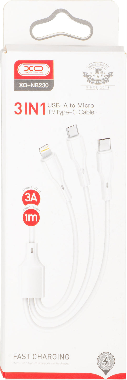 Câble de Chargement USB-A - Lightning / microUSB / USB-C XO Design NB230 3en1, 20W, 1m, Blanc