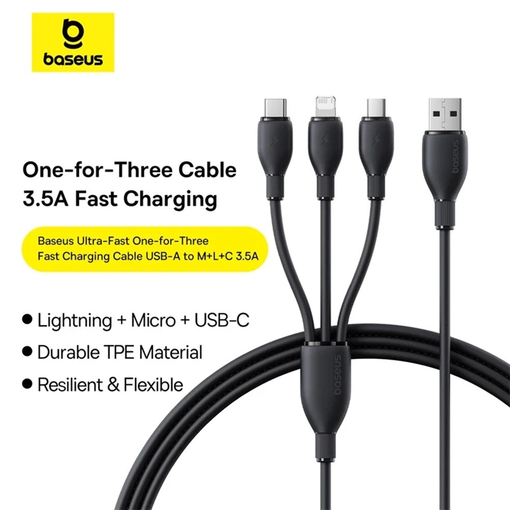 Câble de Chargement USB-A - Lightning / microUSB / USB-C Baseus Ultra Rapide 3en1, 18W, 1.3m, Noir P10376303121-00