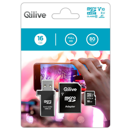 Carte Mémoire microSDHC Qilive, 16Gb, Classe 10, Avec Lecteur de Carte et Adaptateur EKMSDM16GHC10QL
