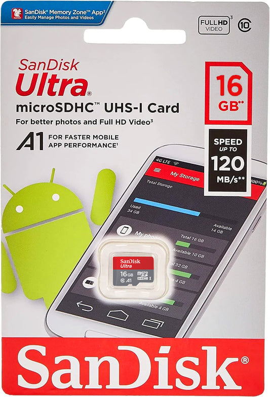 Carte mémoire microSDHC SanDisk Ultra Android A1, 16Gb, Classe 10 / UHS-1 U1 SDSQUAR-016G-GN6MN