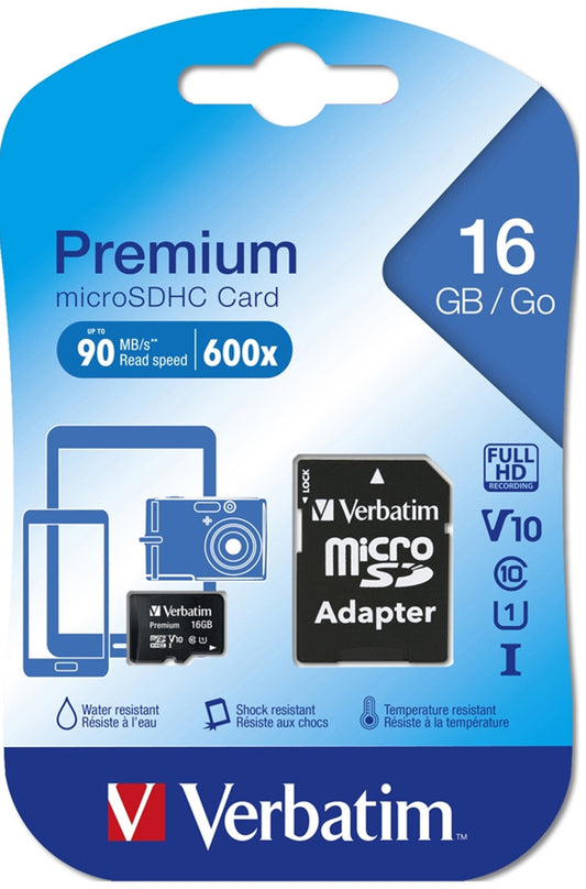 Carte mémoire microSDHC Verbatim, 16Gb, Classe 10 / UHS-1 U1, avec adaptateur