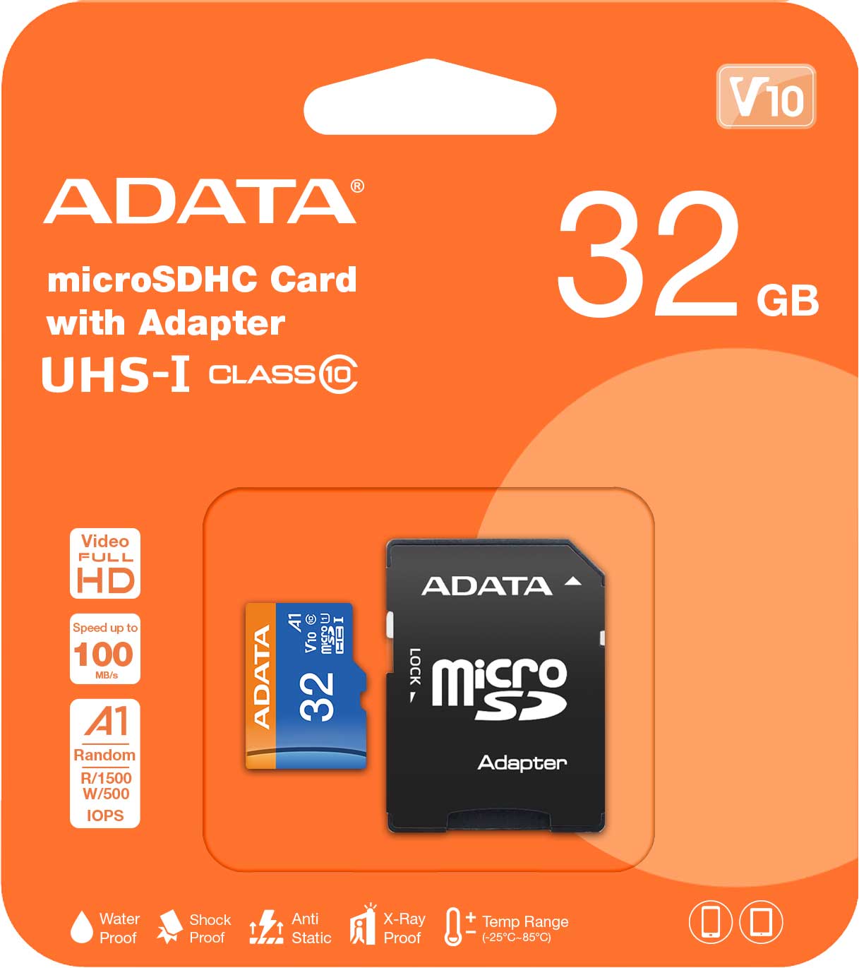 Carte mémoire microSDHC Adata, 32Gb, Classe 10 / UHS-1 U1, Avec Adaptateur AUSDH32GUICL10A1-RA1