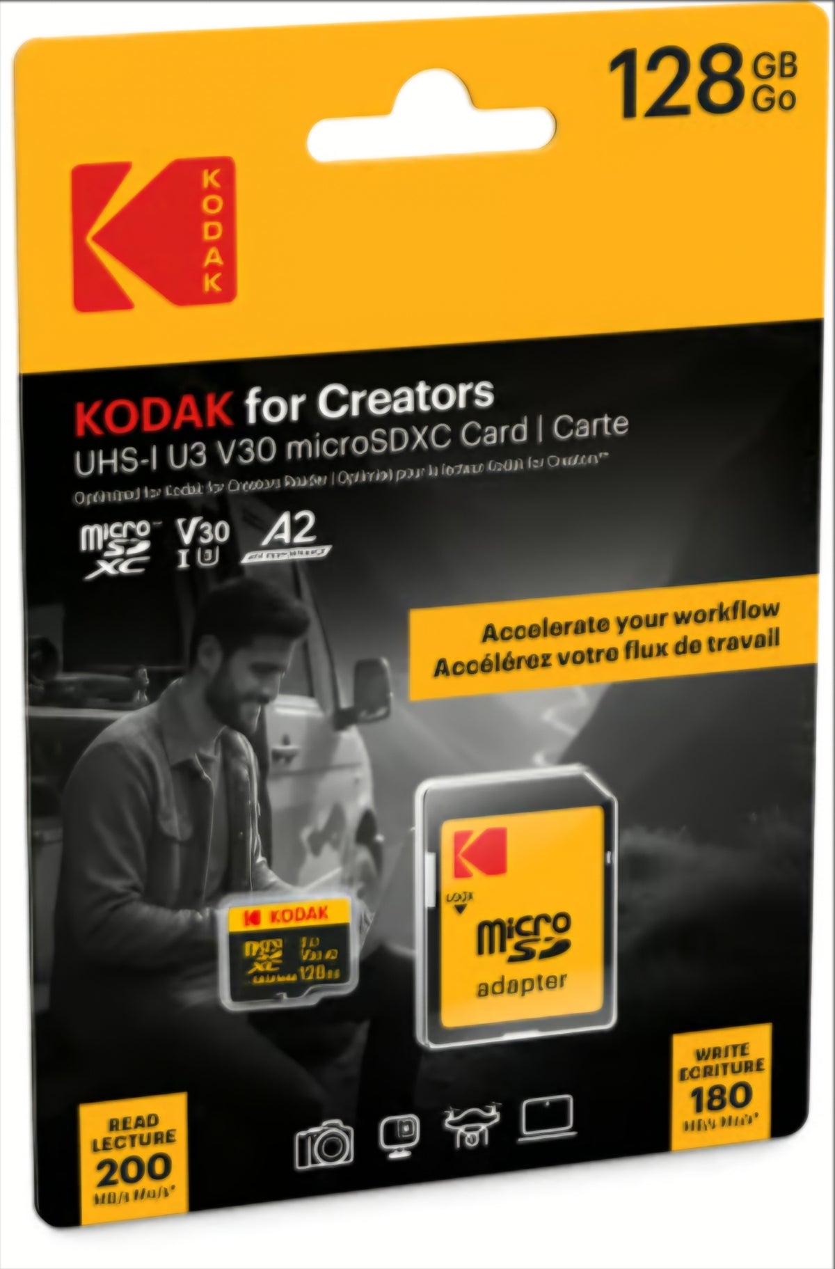 Carte Mémoire microSDXC Kodak for Creators, 128Gb, Classe 10 / UHS-1 U3, Avec Adaptateur EKMSDM128GXCU3CR