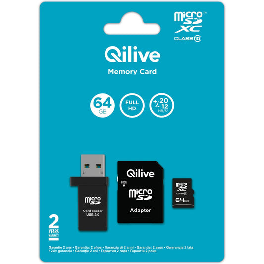 Carte mémoire microSDXC Qilive, 64Gb, Classe 10, avec lecteur de carte et adaptateur EKMSDM64GXC10QL