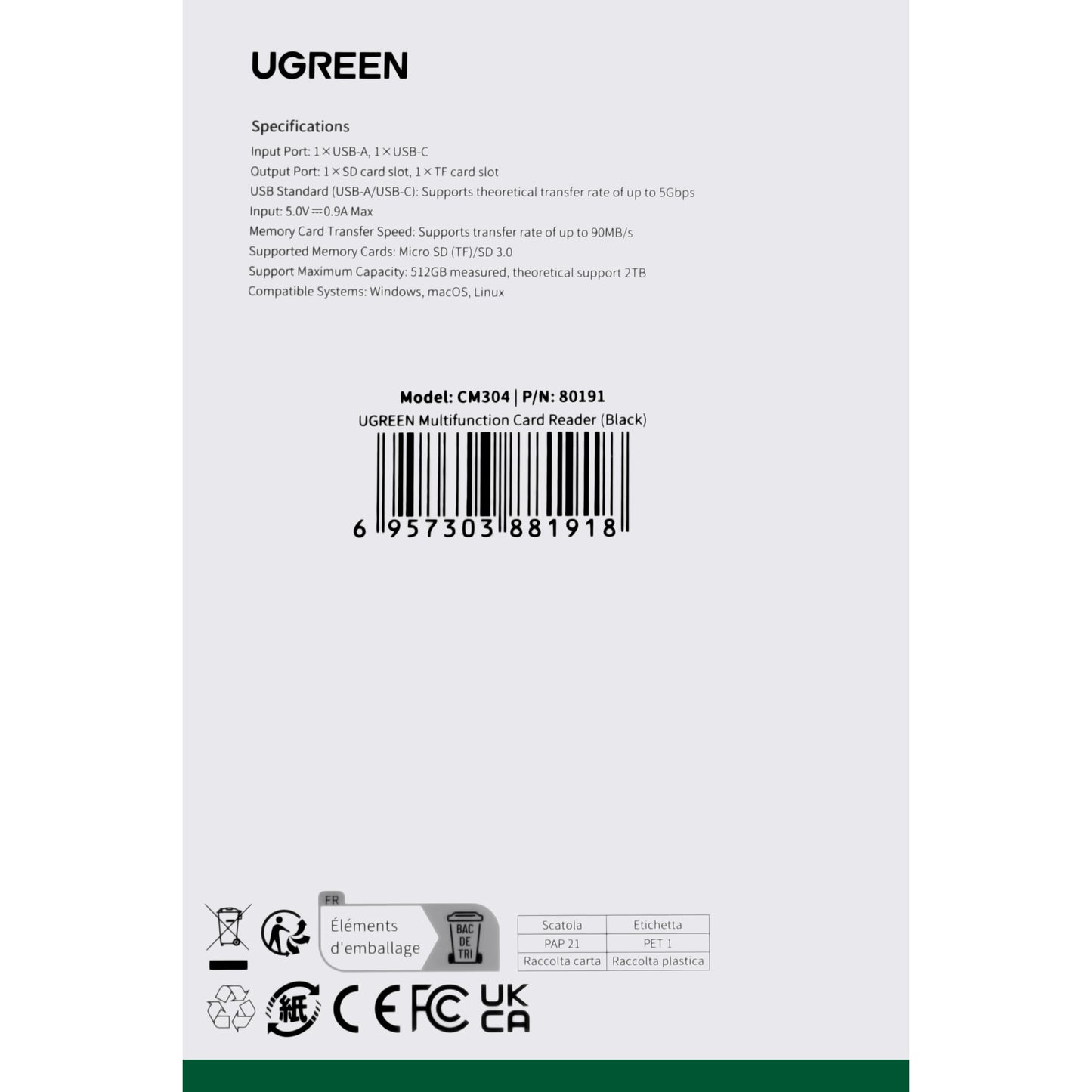 Lecteur de cartes USB / USB-C UGREEN CM304, SD - microSD, noir