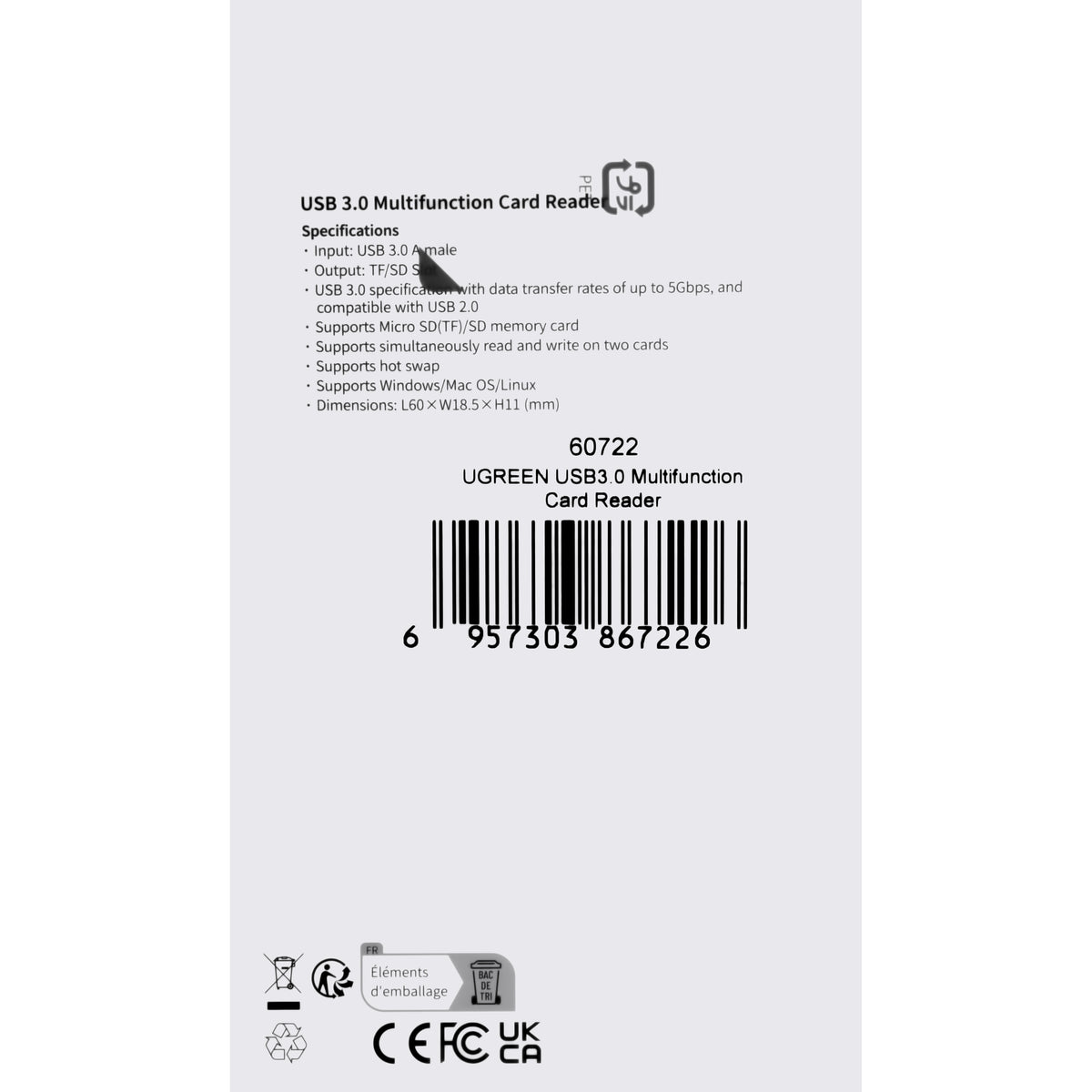 UGREEN CM264 USB 3.0 Card Reader, SD - microSD, Black