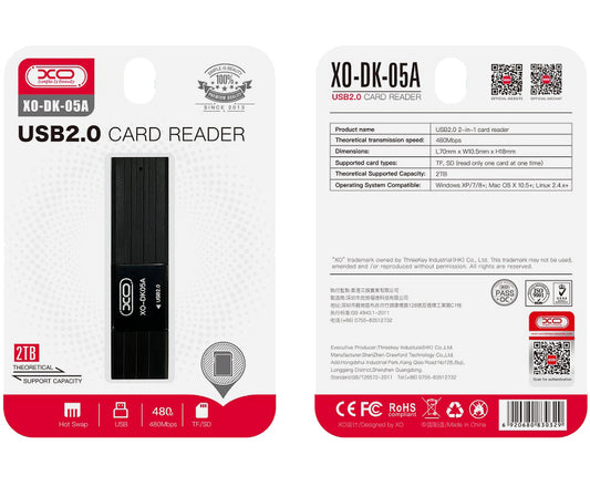 Lecteur de cartes USB XO Design DK05A, SD - microSD, noir