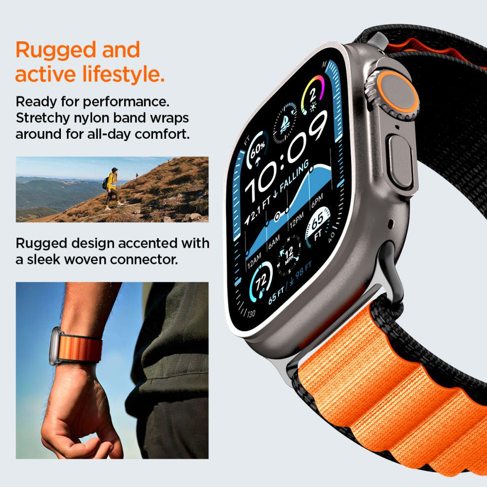 Bracelet Spigen WBF1 pour Apple Watch 49mm / 46mm / 45mm / 44mm Series, Noir Orange AMP10145