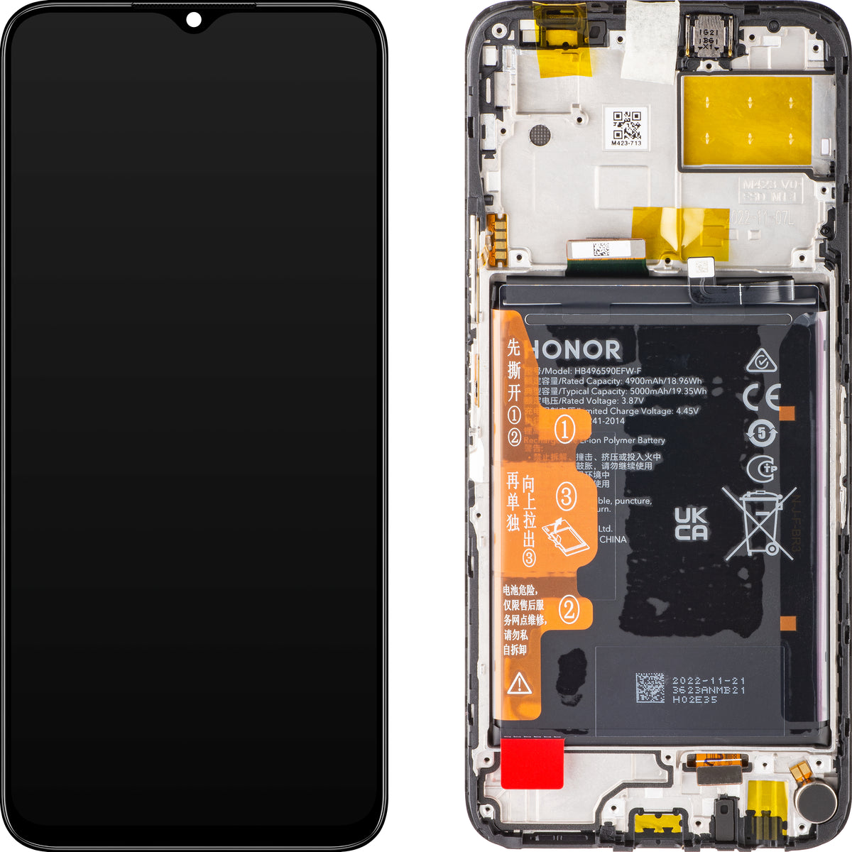 Écran tactile Honor X8 5G, avec cadre et batterie, noir nuit, Service Pack 0235ADAK
