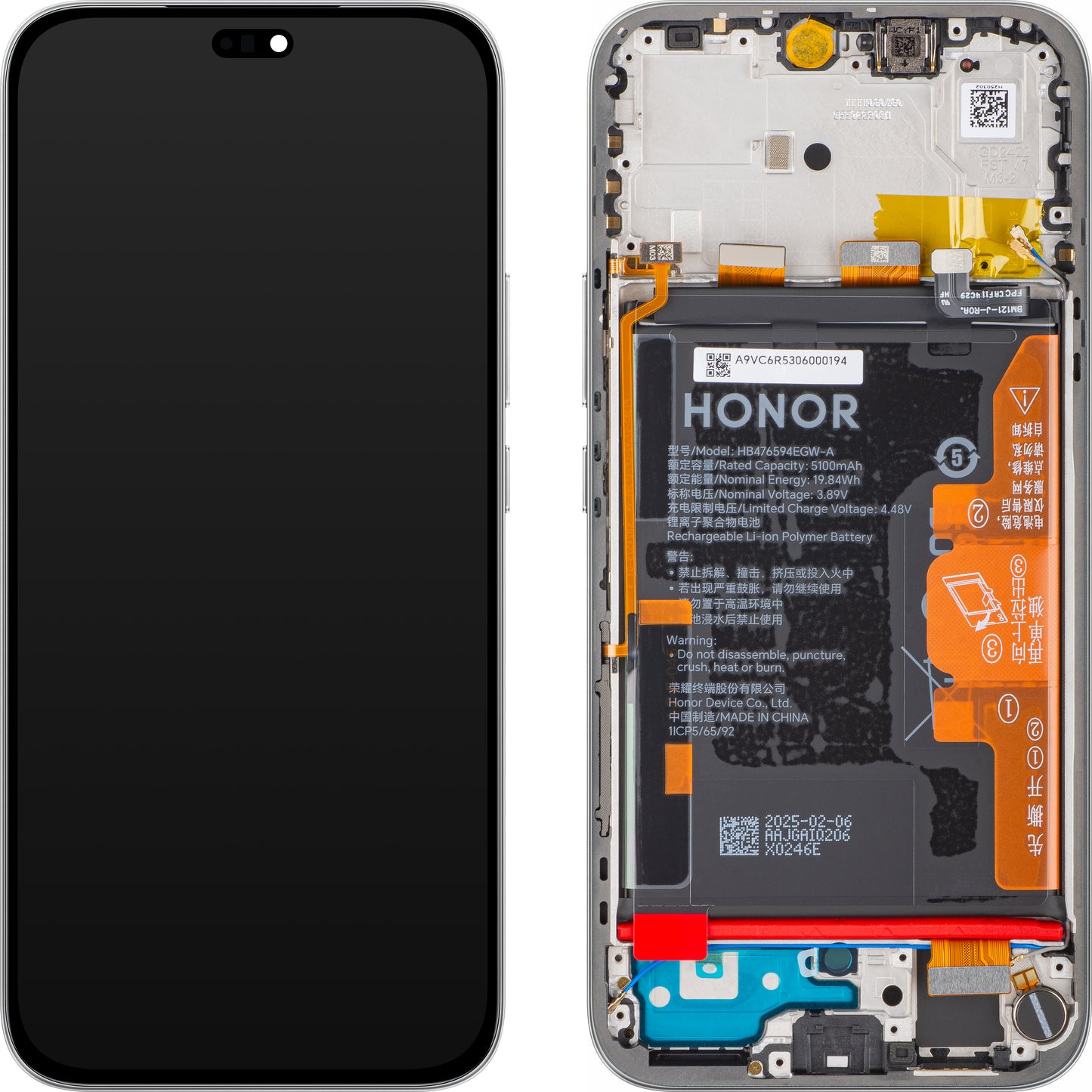 Écran tactile Honor 400 Lite avec cadre et batterie, Gris (Velvet Grey), Pack de service 0235ANTA