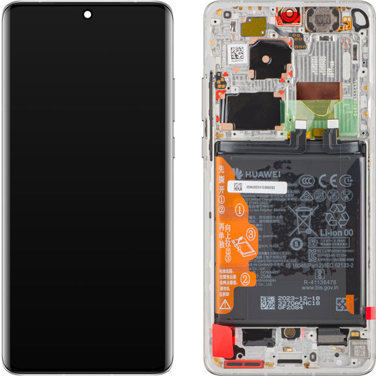 Écran tactile Huawei P50 Pro, avec cadre et batterie, blanc perle, Service Pack 02354SNU