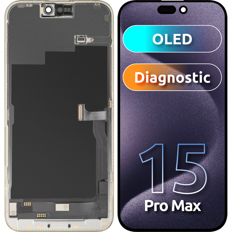 Écran tactile MP compatible avec Apple iPhone 15 Pro Max, avec cadre, version OLED FHD Diagnostic, noir, reconditionné