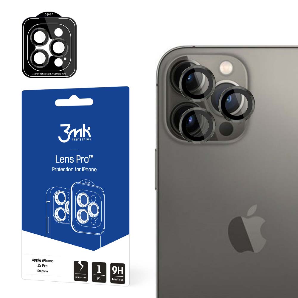 Film de protection pour caméra arrière 3MK pour Apple iPhone 15 Pro, Verre Trempé, Noir