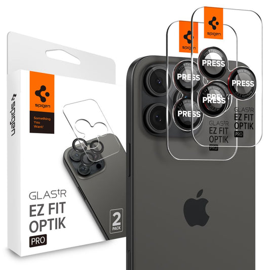 Spigen EZ FIT Film de protection pour caméra arrière pour Apple iPhone 16 Pro Max / 16 Pro / 15 Pro Max, protection en verre, 2 pièces, noir AGL05217