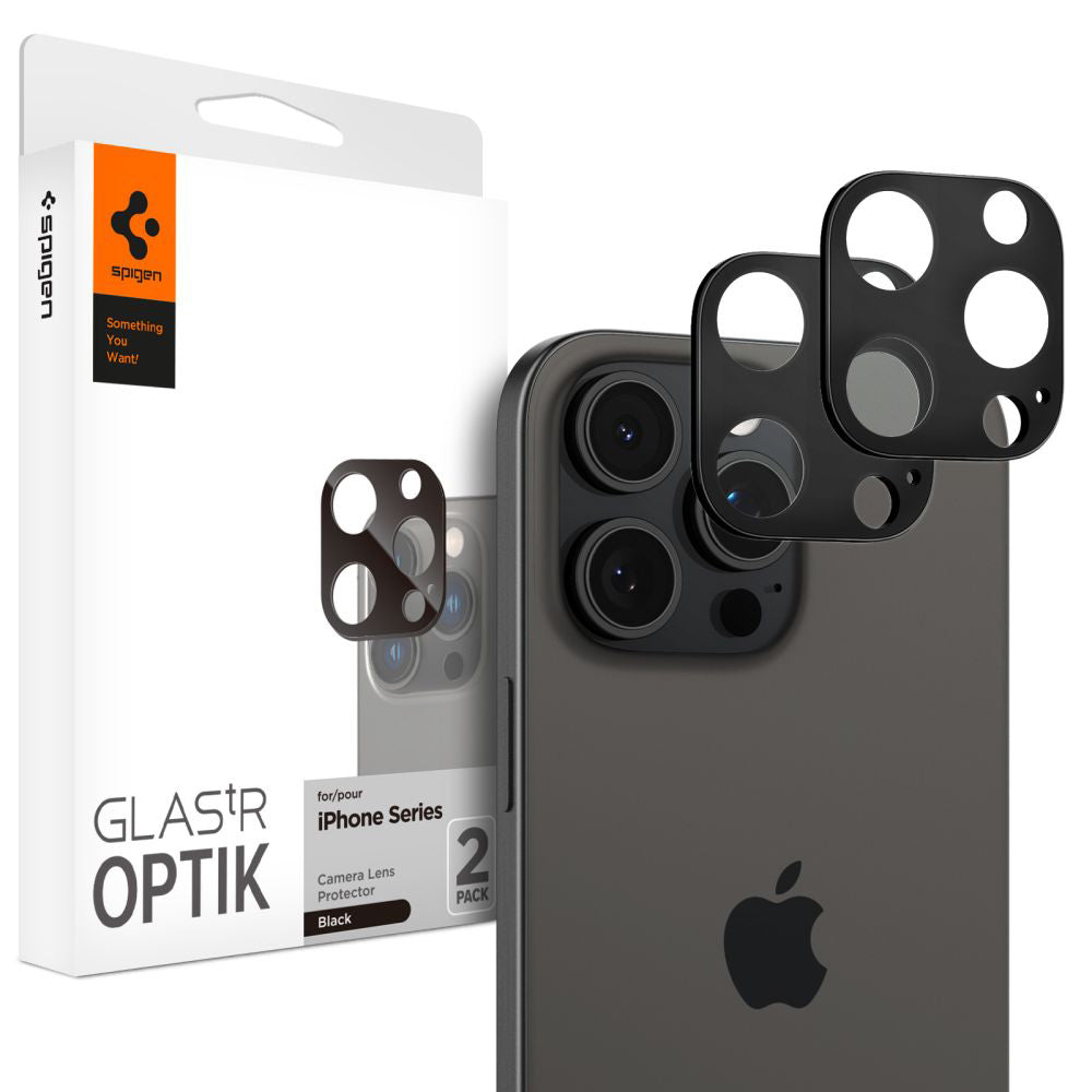 Spigen Optik Film de protection pour caméra arrière pour Apple iPhone 15 Pro Max / 15 Pro, protection en verre, collage complet, lot de 2 pièces, noir AGL05273
